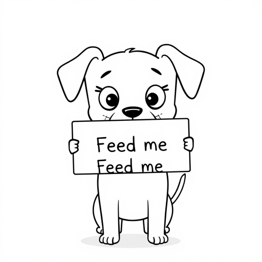A minimalist cartoon of a PUPPY standing on a blank white background, holding a sign that simply says, 'Feed me.' The puppy is drawn with just a few lines: big eyes, whiskers, floppy ears, and a straight tail, giving it a comically desperate expression.