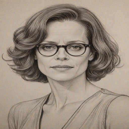 Captivating Sigourney Weaver, pencil sketch, portrait of Charming woman 1922s in glasses, hair style beatnik, outline, clear lines, fine lines, 8k