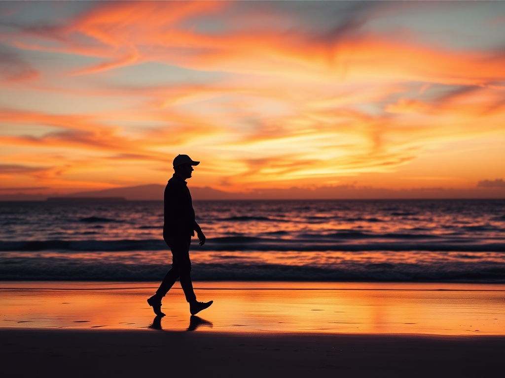 Generate a high-contrast silhouette of a person walking on a beach at sunset, using a Canon EOS 5D Mark IV with a 24-70mm f/2.8 lens, at f/8 aperture, ISO 100, and a shutter speed of 1/200 sec, capturing a wide-angle view with vibrant colors in the sky.