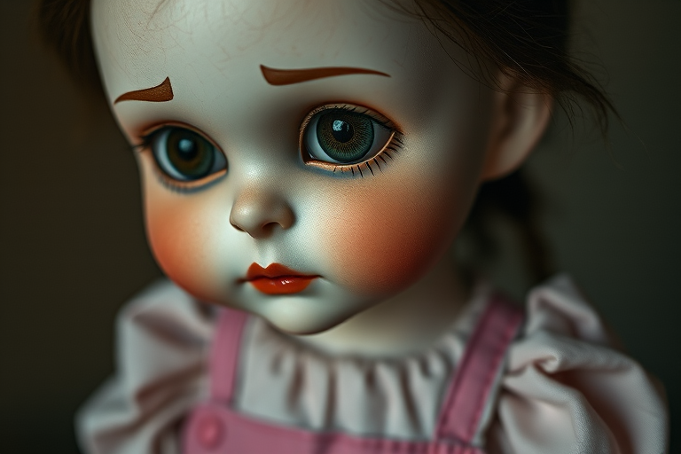 Portrait of a doll-like figure with stitched features and an expressive gaze, utilizing a Canon EOS R5, 50mm lens, f/1.8 aperture, 1/200s shutter speed, soft diffused lighting, and warm color tones for a painterly effect.
