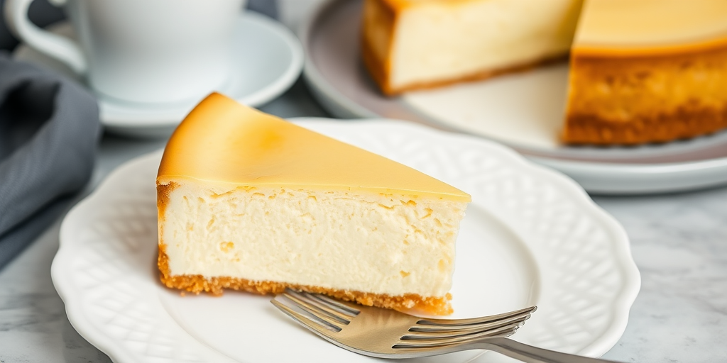 A slice of creamy cheesecake on a decorative white plate with a fork beside it and a whole cheesecake in the background on a gray plate.