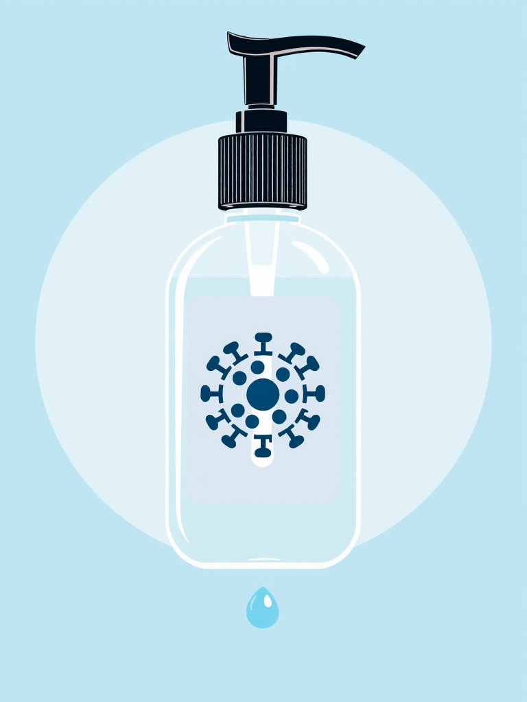 create an illustration of a hand sanitizer bottle featuring a virus symbol on its label, set against a light blue circular background, with a droplet falling from the dispenser, shot using a Canon EOS R with a 50mm lens, aperture f/2.8, shutter speed 1/125s, and ISO 200 for enhanced image clarity and vibrancy.