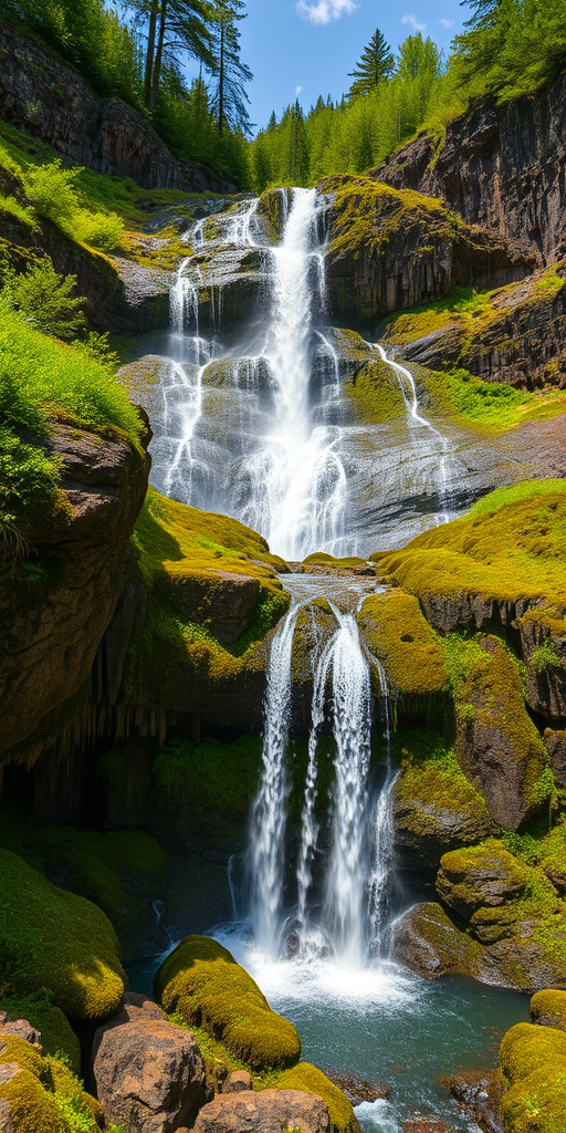waterfall cascading over basalt columns in a lush green landscape, bright and vivid colors, shot with a Canon EOS R5, 24mm lens, f/8 aperture, ISO 100, natural lighting, wide-angle perspective, high definition