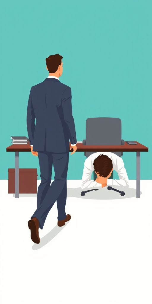Create a vector illustration depicting a businessman in a suit walking away from a desk where another man in a white shirt is slumped over in despair, use a simple background with a vibrant turquoise color, shot with a 50mm lens at f/2.8, with a soft focus on the background, in a flat design style.