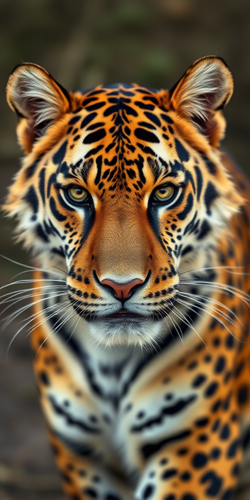 Regenerate an image of a majestic big cat hybrid with the body of a leopard and the facial features of a tiger, captured with a DSLR camera at 50mm focal length, aperture f/2.8, ISO 100, in natural lighting, with a shallow depth of field to emphasize the animal's fur texture and expression.