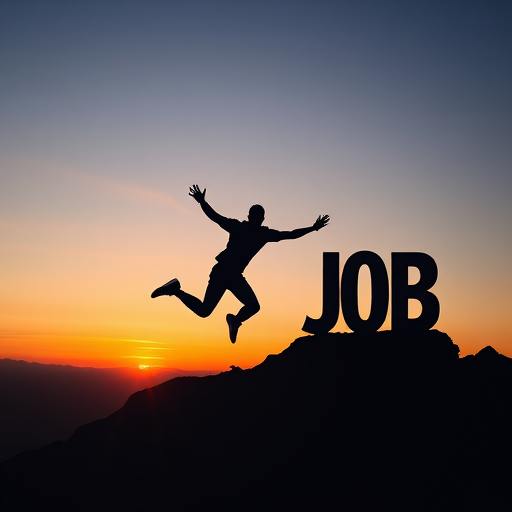 Create an image of a silhouetted figure leaping towards the word JOB on a mountain, captured at sunset with a Canon EOS R5, 50mm lens, f/1.8 aperture, ISO 200, and a wide-angle perspective to enhance depth.