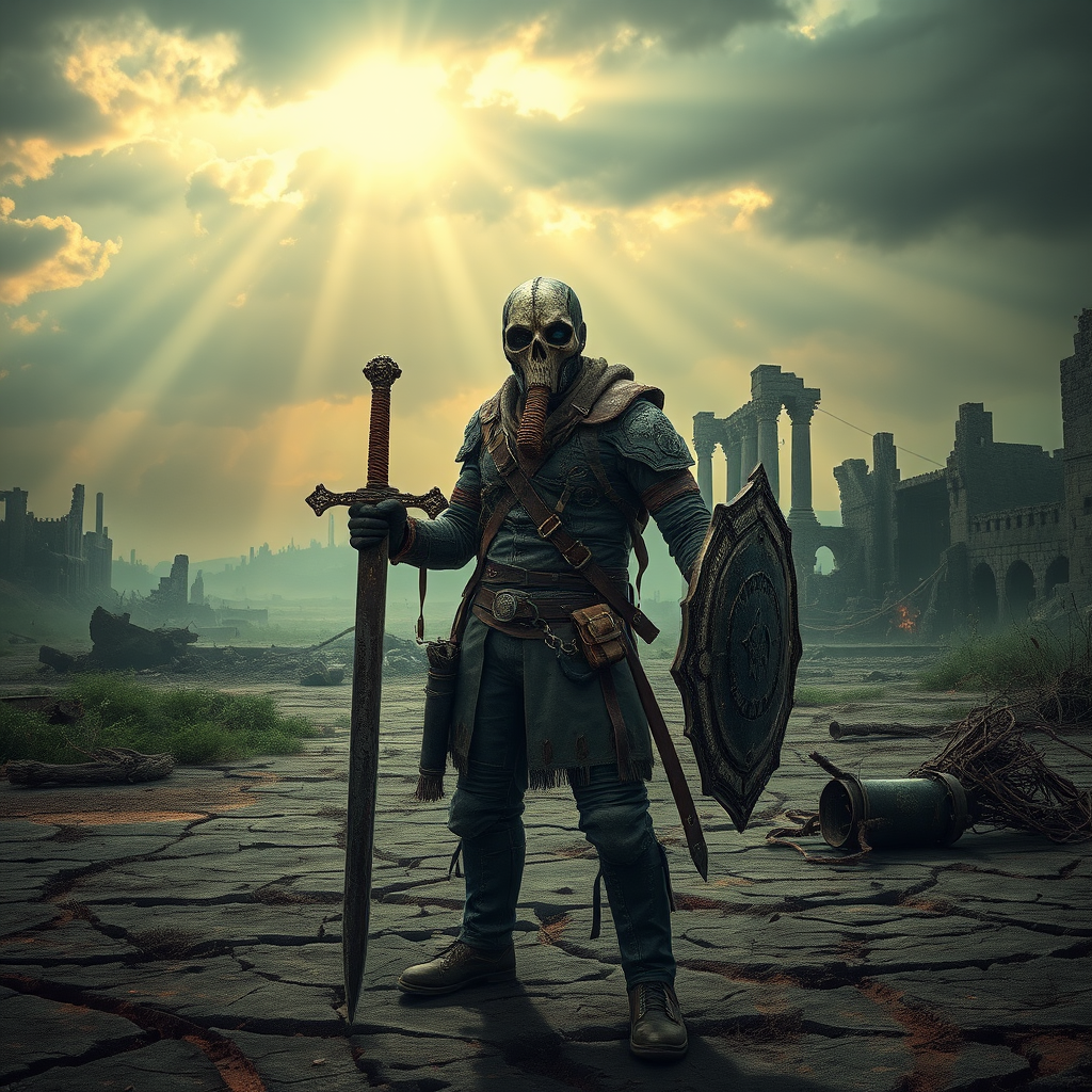 A post-apocalyptic wasteland with a lone figure, The Last Warden, standing in the foreground. He wears a skull-like gas mask, with cracked lenses, and a rugged mix of leather and scavenged armor. His attire is weathered and patched, showing signs of long battles and harsh environments. In one hand, he holds a sword made from broken steel, and in the other, a shield made from scrap metal. The background features a desolate landscape with crumbling ruins of a once-thriving city, shrouded in toxic green and orange haze. The ground is cracked, with dead vegetation and twisted remnants of civilization. The sky is ominous, with dark clouds and faint rays of sunlight breaking through, symbolizing a glimmer of hope in the midst of despair. Increase the brightness of the background, making the sunlight more prominent and casting more light on the ruins and the figure to enhance the sense of hope in the scene.