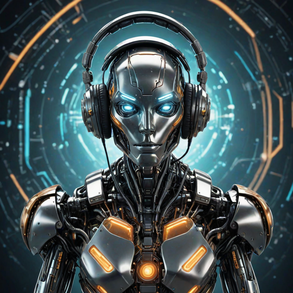 Create an image of a futuristic robot with a sleek metallic design. The robot should have a digital display showing the letters "AT" in bright colors. It is wearing headphones and has an engaging expression. The background should feature abstract tech elements with glowing lights and circuits, conveying a sense of advanced technology and innovation.