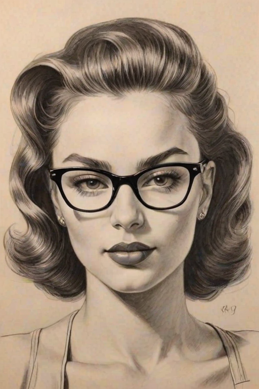 Appealing Ashley Moore, pencil sketch, portrait of Alluring woman 1942s in glasses, hair style beatnik, outline, clear lines, fine lines, 8k