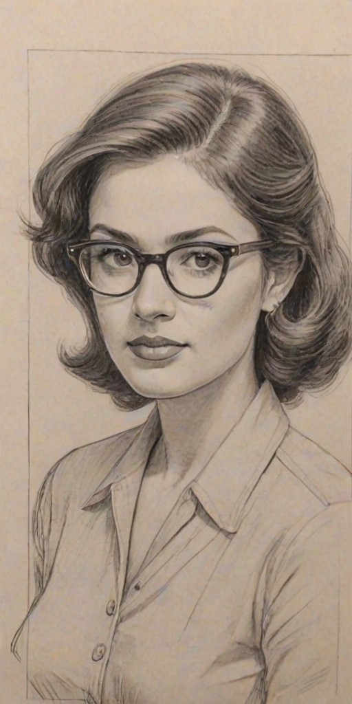 Lovely Melanie Chandra, pencil sketch, portrait of Lovely woman 1948s in glasses, hair style beatnik, outline, clear lines, fine lines, 8k
