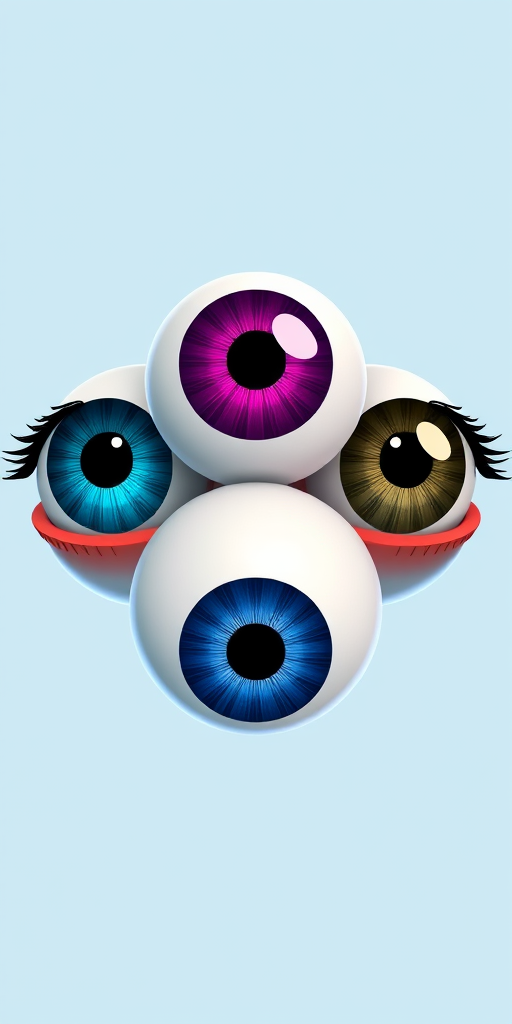 Create a vivid illustration of three stylized eyeballs in a row, featuring blue, purple, and magenta irises, high resolution, DSLR camera, f/2.8 aperture, 50mm lens, soft focus background, symmetrical composition.