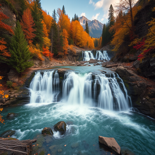 Generate a vibrant landscape of a majestic waterfall surrounded by autumn trees and mountains in the background, captured with a Canon EOS R5, settings at f/11, 1/250s, ISO 100, using a wide-angle lens for depth, in natural lighting for enhanced clarity and detail.
