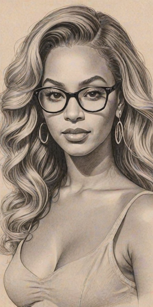 Enchanting Beyonce, pencil sketch, portrait of Alluring woman 1939s in glasses, hair style beatnik, outline, clear lines, fine lines, 8k