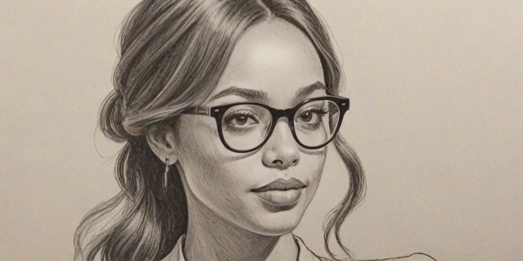 Wonderful Amber Stevens West, pencil sketch, portrait of Exquisite woman 1965s in glasses, hair style beatnik, outline, clear lines, fine lines, 8k
