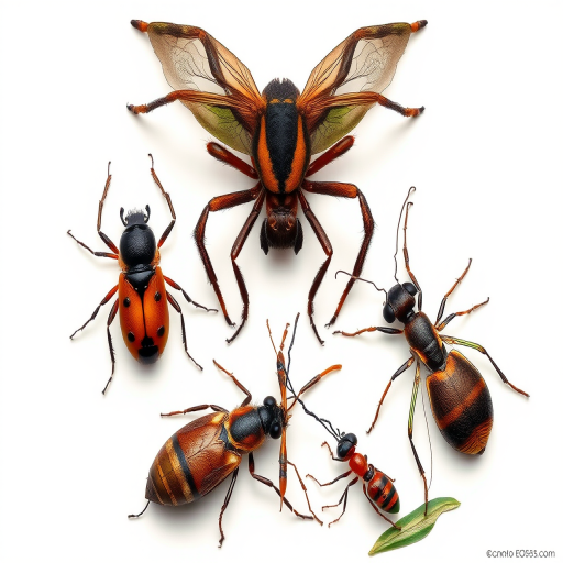 Create a high-resolution illustration of various insects including a spider, a beetle, a fly, an ant, and a stick insect in a detailed and artistic style, captured with a Canon EOS R5, 85mm f/1.2 lens, f/8 aperture, and natural light to enhance clarity and detail.