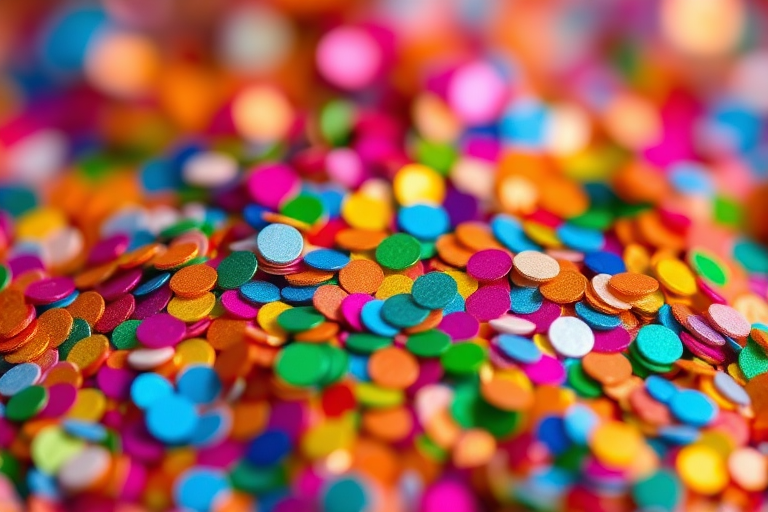 Close-up shot of vibrant colored glitter in various shapes and sizes, soft focus background, macro lens, aperture f/2.8, ISO 100, 50mm focal length, natural lighting.