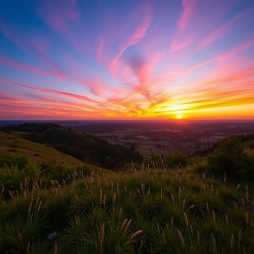 Create a high-resolution image of a serene landscape at sunset with vibrant colors, using a Canon EOS R5 camera, 50mm lens, aperture f/1.8, ISO 100, and a wide-angle perspective.