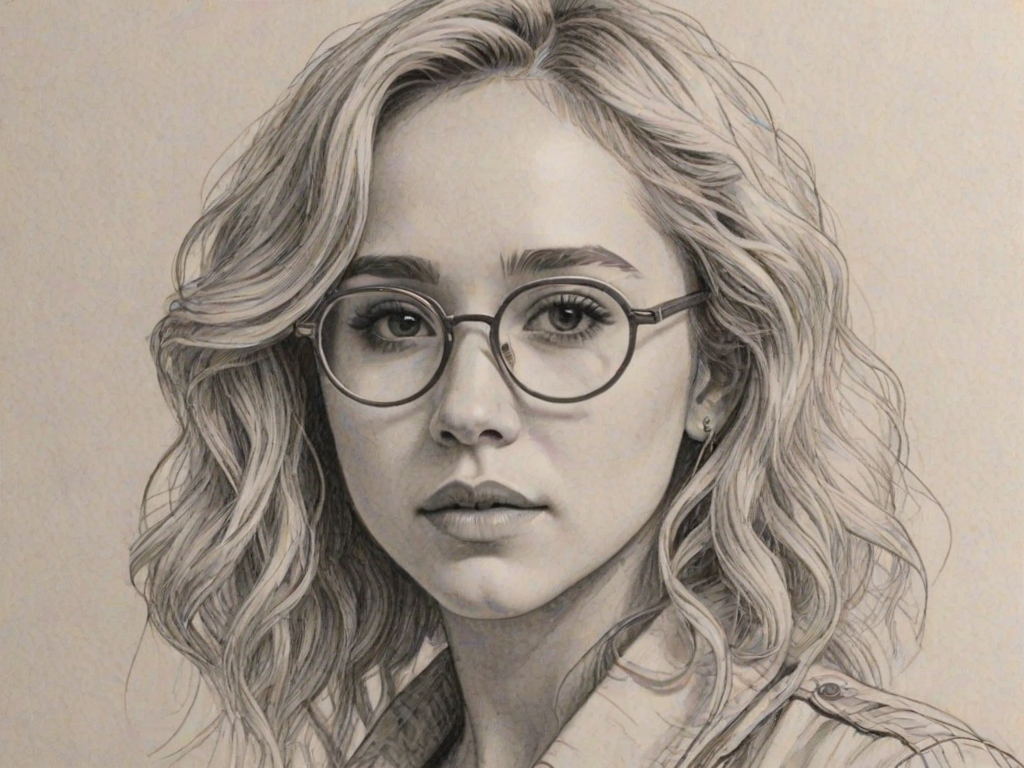 Graceful Juno Temple, pencil sketch, portrait of Appealing woman 1979s in glasses, hair style beatnik, outline, clear lines, fine lines, 8k