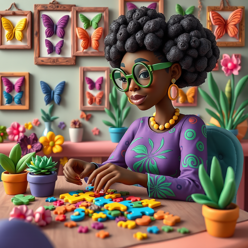 A vibrant and whimsical illustration of an african american woman sitting at a table working on a colorful jigsaw puzzle. she is wearing round glasses, and patterned clothing in shades of purple and green.  The background features an eclectic collection of framed butterflies, potted plants, and other natural elements, creating a warm and inviting atmosphere. The style is playful and modern, with rich textures, intricate details, and a lively color palette.