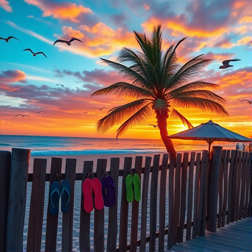 generate a vibrant beach scene with a colorful sunset, featuring a wooden fence with flip-flops hanging on it, a palm tree swaying in the breeze, an umbrella providing shade, and seagulls flying in the sky, using a DSLR camera with a 24mm lens, aperture f/8, ISO 100, shot at golden hour for enhanced light quality and colors, in landscape orientation.
