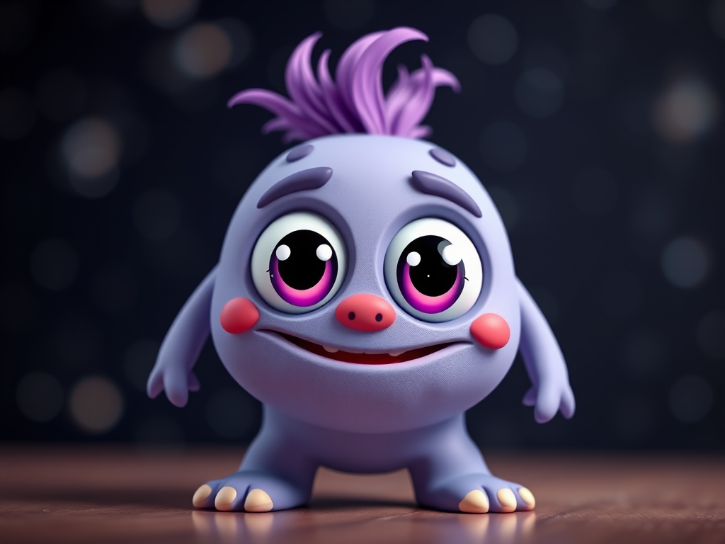 Create a whimsical 3D character of a cute cartoon monster with big eyes, a purple tuft, and a friendly smile, set against a sparkling starry background, using a DSLR camera with a 50mm lens, aperture f/2.8, ISO 100, and a shallow depth of field for a blurred background effect.