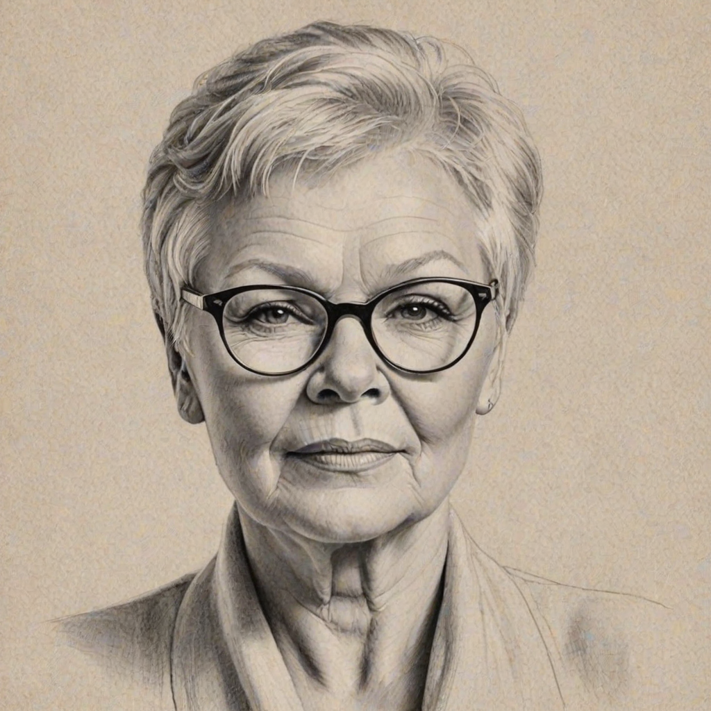 Lovely Judi Dench, pencil sketch, portrait of Magnificent woman 1944s in glasses, hair style beatnik, outline, clear lines, fine lines, 8k