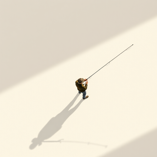regenerate an illustration of a person fishing with a line, casting a shadow on textured paper, with soft lighting, using a Canon EOS R5, 50mm lens, f/2.8 aperture, ISO 100, top-down view, minimalist style