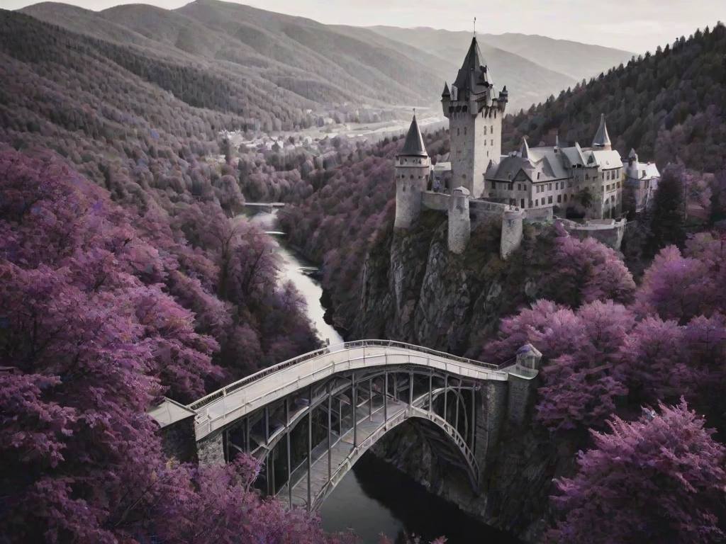 day, natural lighting, bridge focus, CandiBRIDGE, no humans, mountain, water, tower, castle, bridge, purple trees, from above, negative space, scenery, intricately detailed illustration, depth of field, atmospheric perspective, purple theme, monochrome, selective coloring