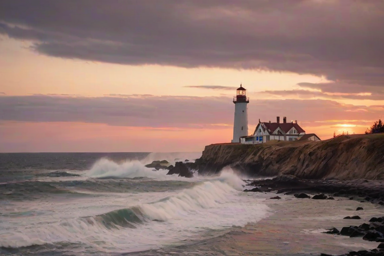 Soft-focus image of a historical lighthouse overlooking a rocky coastline, soft waves crashing against the shore, and a vibrant sunset casting colors across the sky.