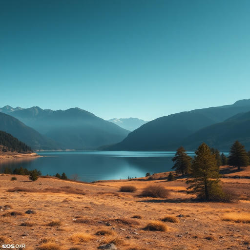 Generate an image of a serene landscape with a calm lake surrounded by mountains, shot with a Canon EOS R5, 50mm lens, f/2.8 aperture, 1/200s shutter speed, ISO 100, in natural light, wide-angle view to enhance depth and detail.