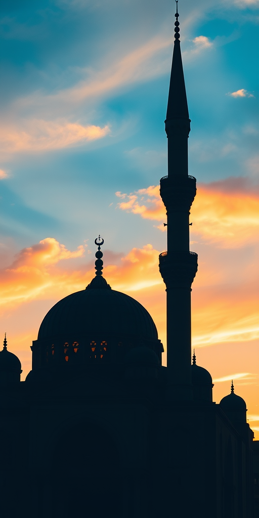 Create a high-resolution silhouette of a mosque with intricate architectural details, captured at sunset using a DSLR camera with a focal length of 50mm, aperture set to f/8, ISO 200, and a shallow depth of field to enhance the contrast between the silhouette and the vibrant sky.