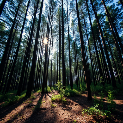 Create a high-resolution image of a serene forest landscape with sunlight filtering through the trees, focal length 50mm, aperture f/2.8, ISO 200, shot from a low angle perspective using a DSLR camera for enhanced detail and depth.
