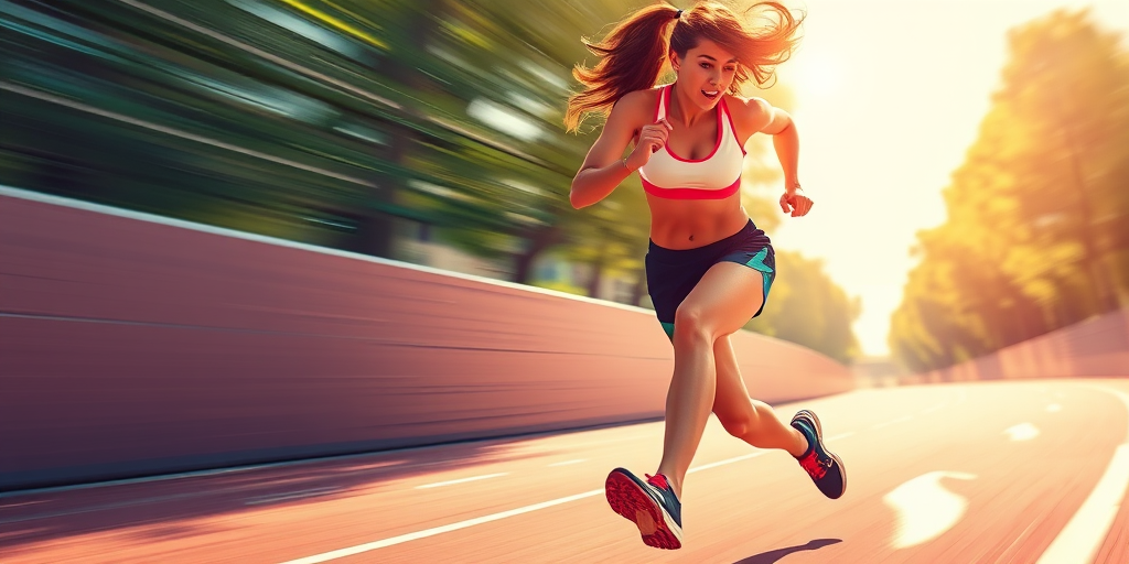 Create a dynamic illustration of a woman running in sportswear, with a focus on athleticism, vibrant colors, and a blurred background to emphasize motion, captured with a DSLR camera at ISO 200, f/2.8, 1/500s, using a 50mm lens, in a low-angle perspective to enhance the sense of speed.