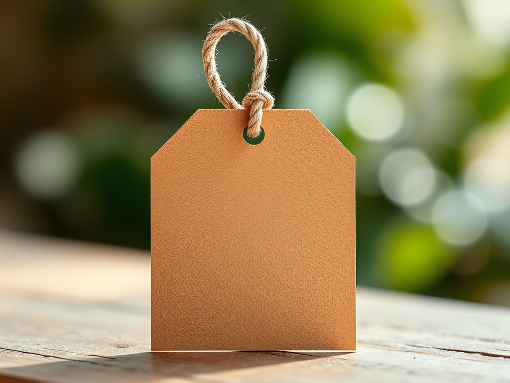 Create a high-resolution image of a blank beige tag with a rope loop at the top, using a DSLR camera set to f/2.8 aperture, 50mm lens, ISO 100, natural lighting, and a soft focus background for an artistic effect.