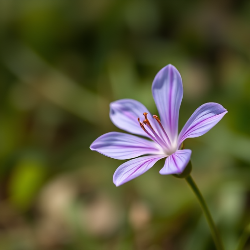 Capture a close-up of a delicate purple flower with a blurred natural background, use a shallow depth of field with an aperture of f/2.8, set ISO to 100, and a focal length of 50mm, shoot in natural light with a DSLR camera.