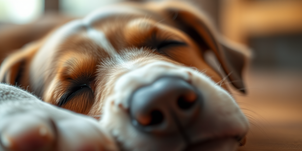 A close-up photograph of a sleeping dog with a soft focus background, natural light, aperture f/2.8, ISO 200, shutter speed 1/125s, taken with a DSLR camera, utilizing a macro lens to enhance image quality.