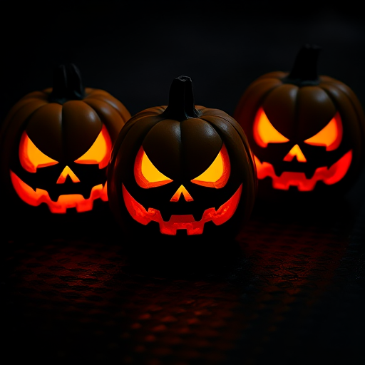 three glowing jack-o'-lanterns with menacing expressions on a dark, textured surface, captured in soft focus at f/2.8, ISO 100, 50mm lens, using a DSLR camera with low lighting to enhance the eerie atmosphere and sharp contrasts