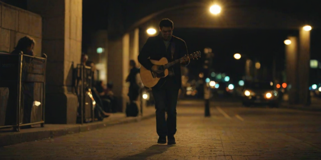 Blurry candid shot of a street musician playing a guitar under a bridge, soft light from nearby streetlamps casting long shadows, with distant pedestrians walking by in the night.