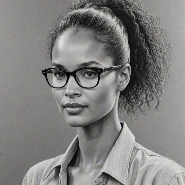 Ravishing Joy Bryant, pencil sketch, portrait of Superb woman 1980s in glasses, hair style beatnik, outline, clear lines, fine lines, 8k