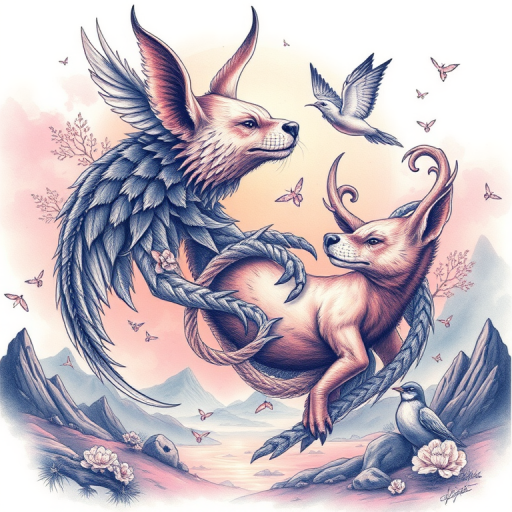 Surrealist tattoo concept named "Metamorphosis Dreams" featuring morphing animals and natural elements blending seamlessly in a dreamlike landscape with soft pastel color gradients