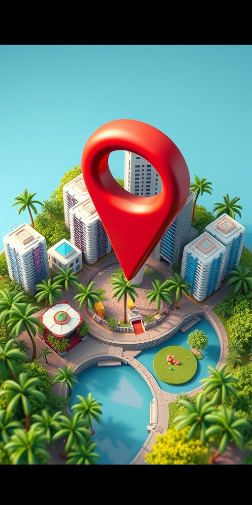 Create a vibrant 3D illustration of a miniature urban landscape featuring a large map pin, surrounded by skyscrapers and tropical palm trees, with a winding river and lush greenery, using a Canon EOS R5 camera, 50mm lens, f/1.8 aperture, ISO 100, and 1/200s shutter speed, in a top-down view style to enhance details and colors.