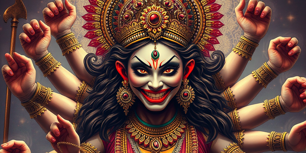Create a detailed illustration of a Hindu goddess with multiple arms and a fierce expression, emphasizing intricate jewelry and vibrant colors, using a DSLR camera, ISO 100, aperture f/8, shutter speed 1/125s, shot from a frontal view with soft diffused lighting to enhance the textures and details.