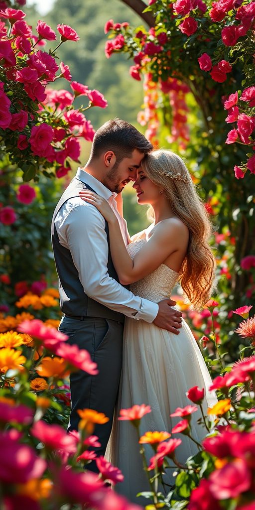 portrait of a romantic couple embracing in a lush garden surrounded by vibrant flowers, soft natural light, shallow depth of field, 50mm lens, f/1.8, Canon EOS R5, vivid colors, high detail, dreamy atmosphere