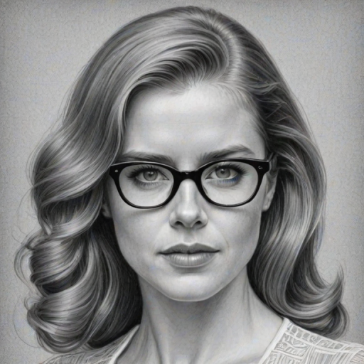 Charming Amy Adams, pencil sketch, portrait of Graceful woman 1949s in glasses, hair style beatnik, outline, clear lines, fine lines, 8k