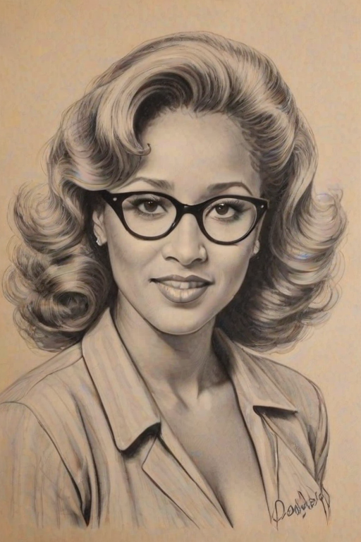 Enchanting Darlene Love, pencil sketch, portrait of Gorgeous woman 1940s in glasses, hair style beatnik, outline, clear lines, fine lines, 8k
