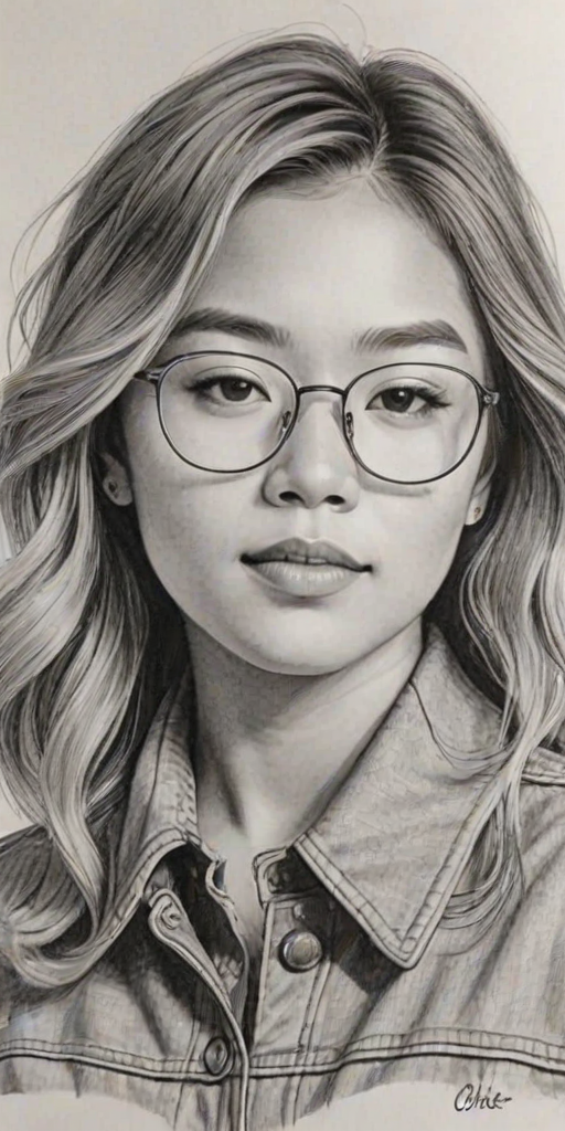 Exquisite Chloe Kim, pencil sketch, portrait of Charming woman 1949s in glasses, hair style beatnik, outline, clear lines, fine lines, 8k