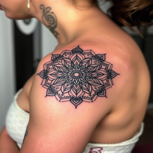 Geometric blackwork tattoo featuring an intricate mandala design on the shoulder blade, composed of bold shapes and intricate patterns, symmetrical and mesmerizing