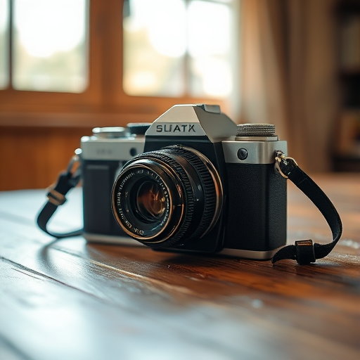 Sharp, detailed close-up of a vintage camera resting on a wooden table, soft light from a nearby window illuminating its intricate details, the smell of old leather and film lingering in the air.