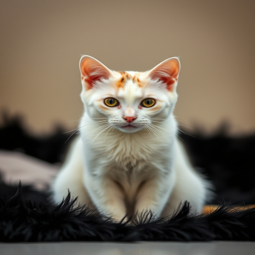 A white cat with distinctive markings sitting on a fluffy black surface, captured with a Canon EOS R, 50mm lens, f/2.8, ISO 100, 1/200s, soft focus background to enhance cat's features.