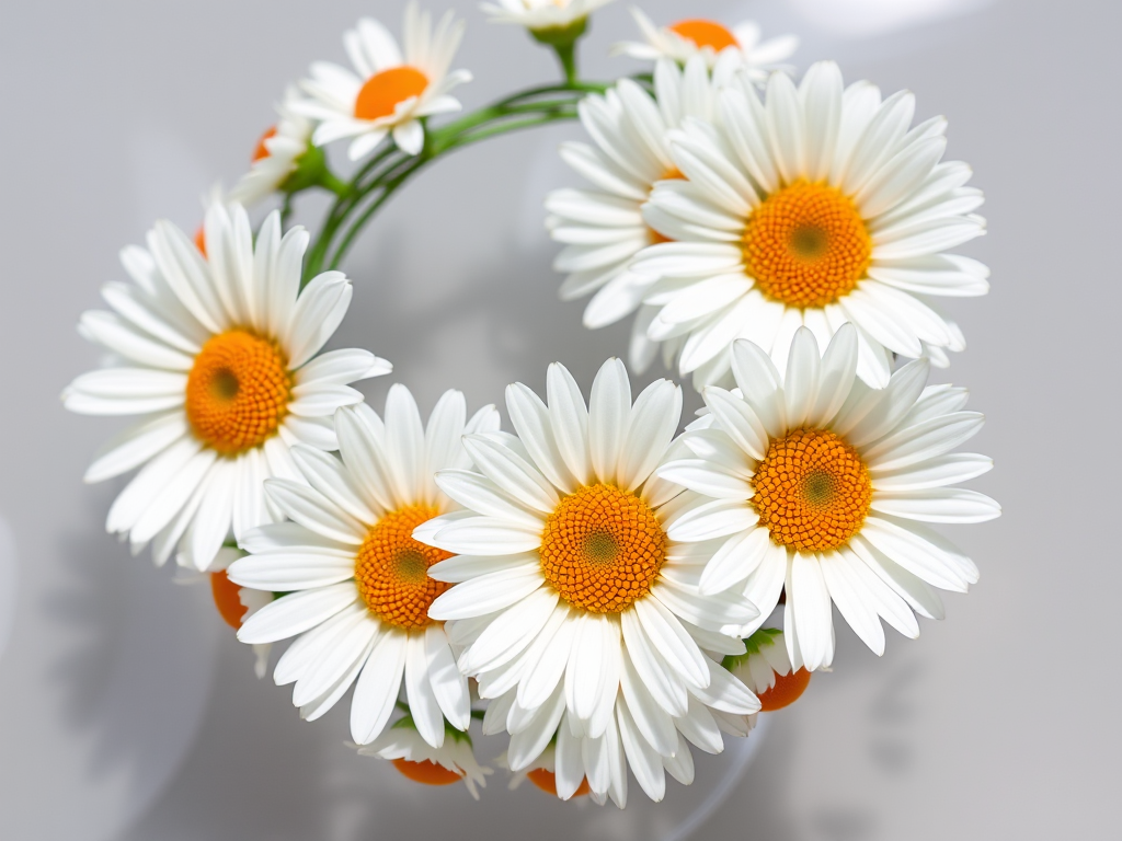 Floral wreath of white daisies with orange centers on a transparent background, macro lens, f/2.8 aperture, 50mm focal length, natural lighting, DSLR camera, high resolution.